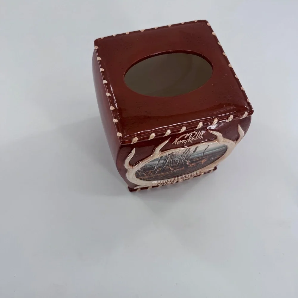 Terry Redlin Tissue Box Cover Wildlife Deer Ceramic Rustic Lodge‎ Cabin Brown